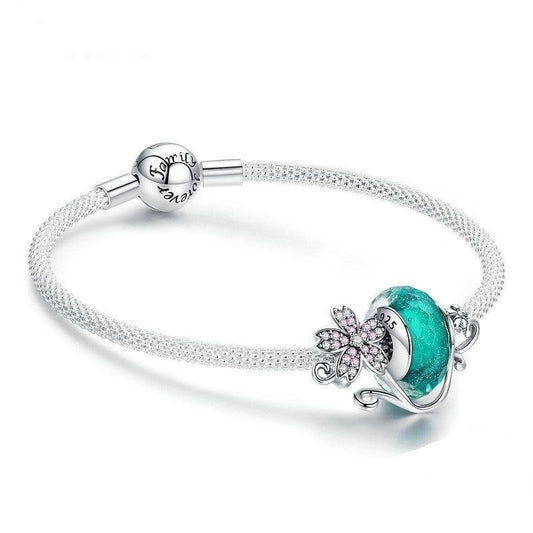 Pulsera de plata de ley 925 con margaritas y cuentas de cristal verde