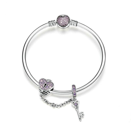 925 Sterling Silver Love Key Heart Shape Purple Zircon Bracelet