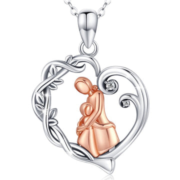 Sterling Silver Mom And Daughter Hug Rose Gold Pendant Vine Leaf Heart Necklace