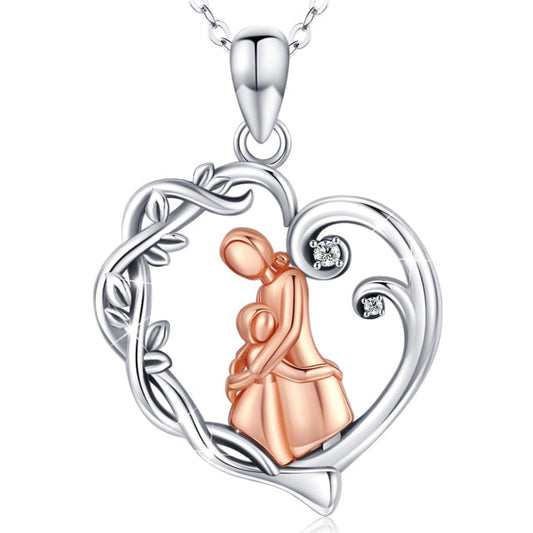 Collar de plata de ley con forma de corazón y hoja de parra en oro rosa con abrazo de madre e hija