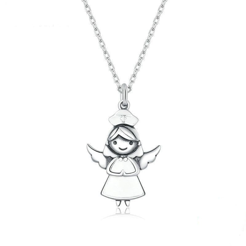925 Sterling Silver White Enamel Guardian Angel Necklace