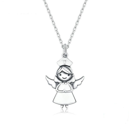 925 Sterling Silver White Enamel Guardian Angel Necklace