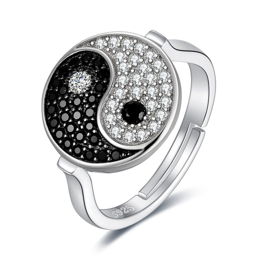 Anillo Taiji Yin Yang de espinela negra genuina en plata de ley 925